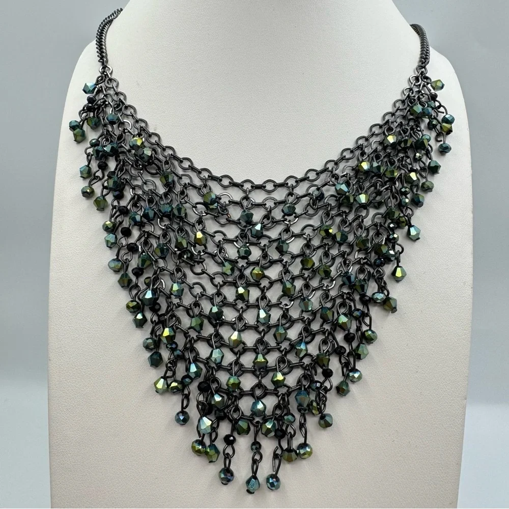 Express Black Chain Crystal Fringe Bib Statement Necklace